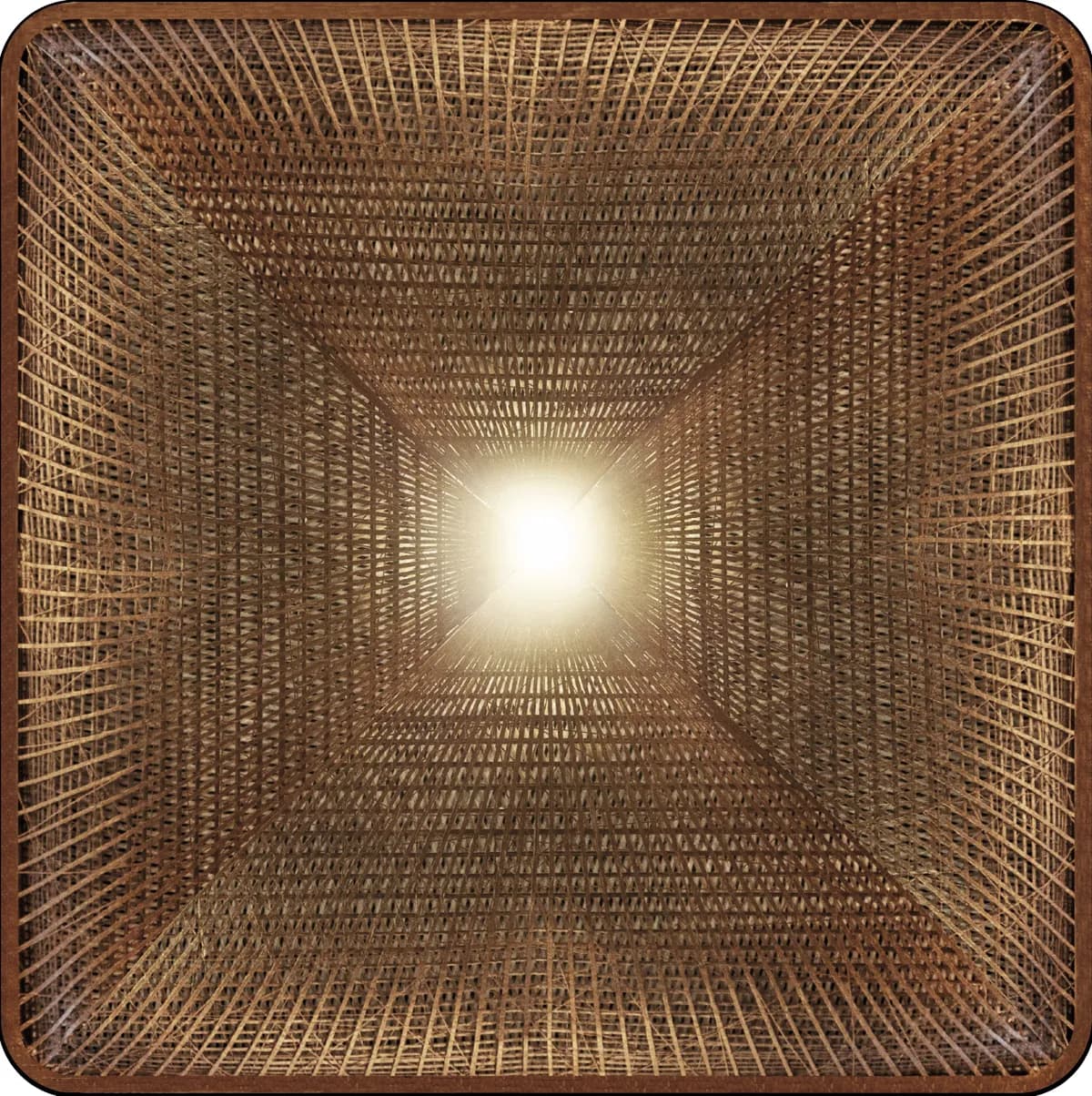 Looking through a square woven lattice towards the light
