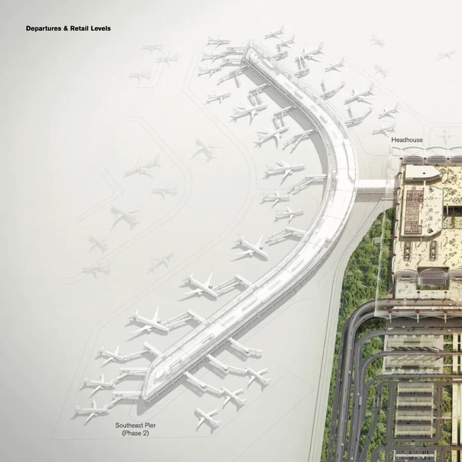 Aerial drawing of the southeast pier and its departures and retail levels