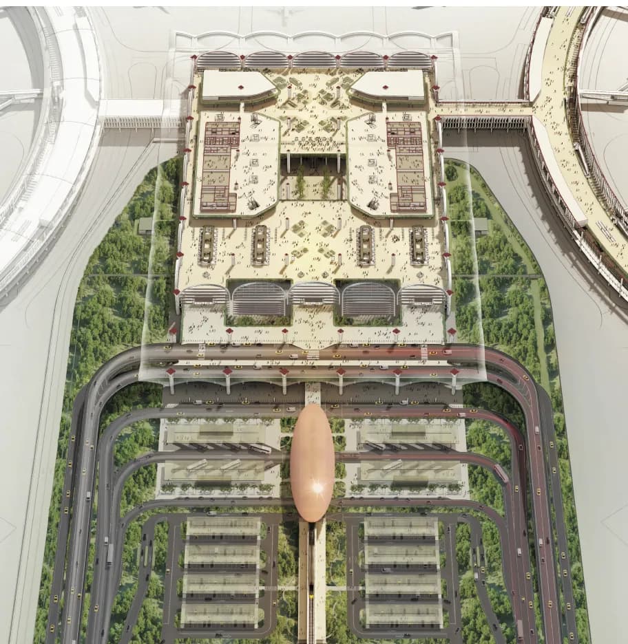 Aerial drawing of the terminal among gardens and tree-lined roads
