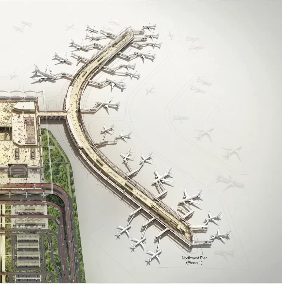 Aerial drawing of a pier with aircraft at its gates