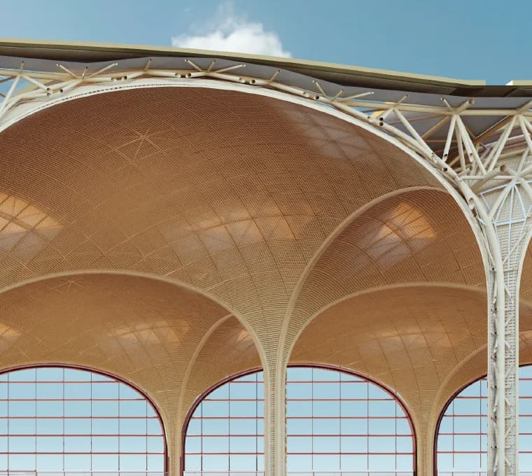 Roof vaults on white branching columns, by day