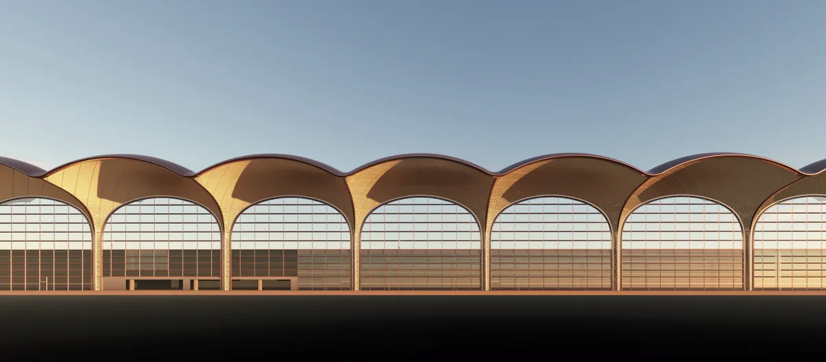 The terminal’s front: a row of arched roofs over its glass facade
