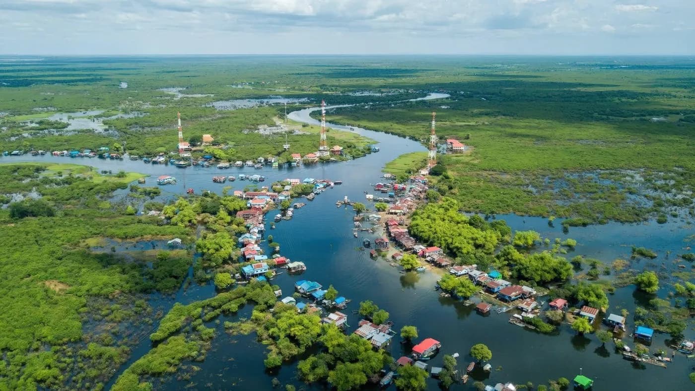 Houses along a waterway through green wetlands, from the air