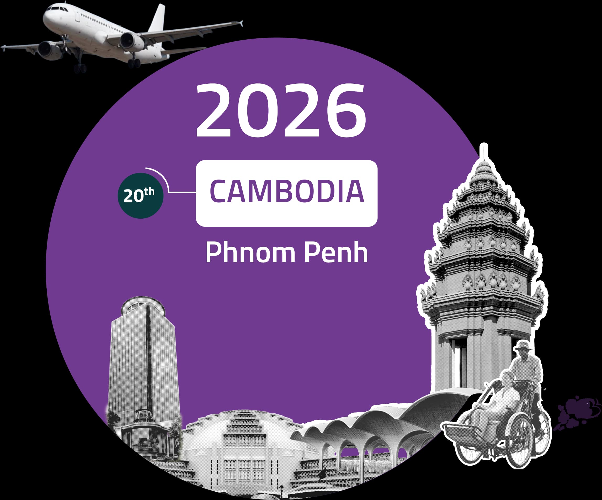 2026, Cambodia, Phnom Penh. Phnom Penh: an aircraft over the Independence Monument, Central Market, a cyclo and the city's towers