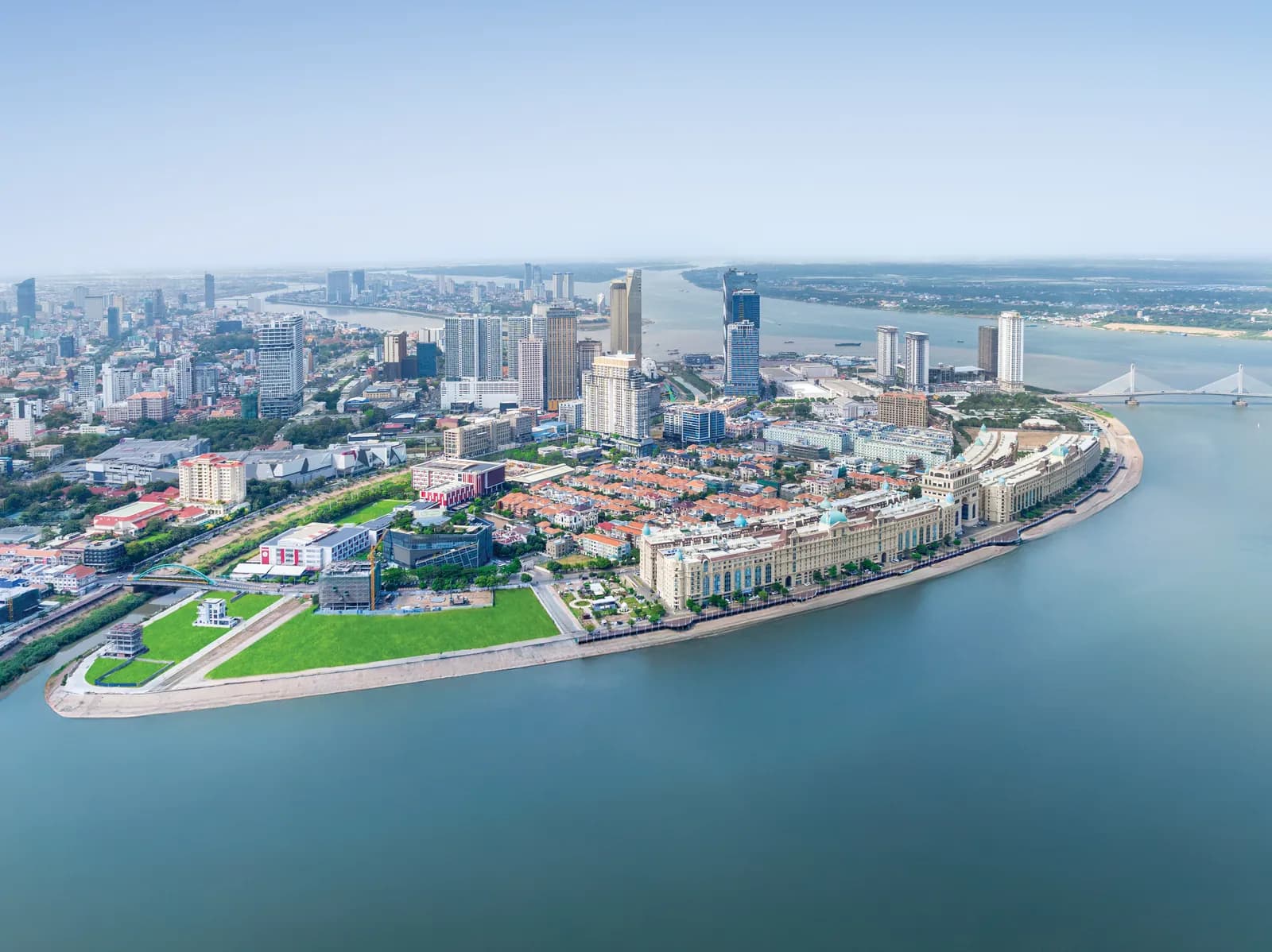 Phnom Penh from the air, the city along a curve of the river
