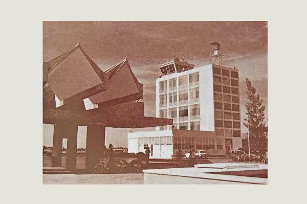 Pochentong's terminal and canopy, in a sepia photograph
