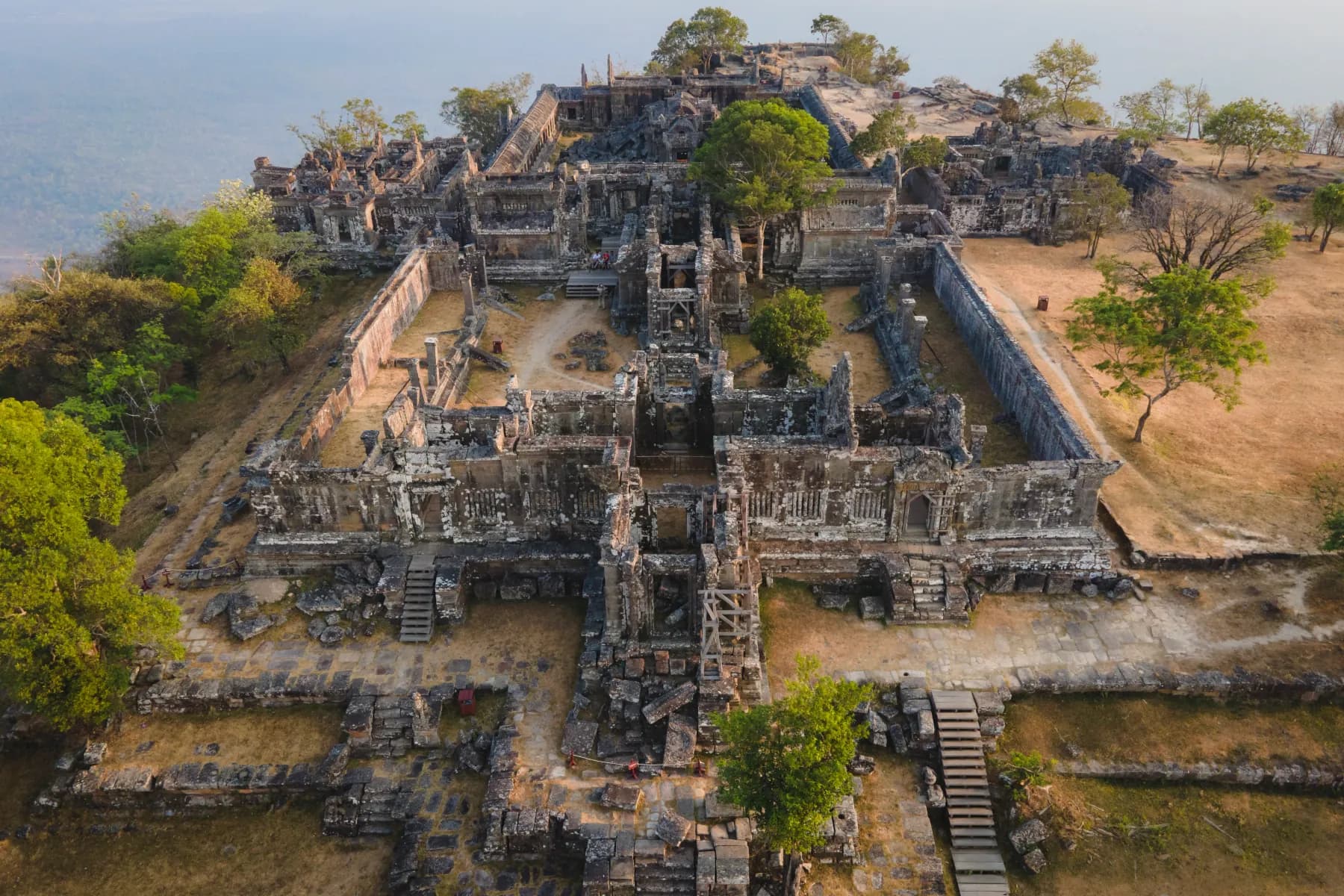 Preah Vihear Temple’s galleries and courtyards on its hilltop, seen from the air